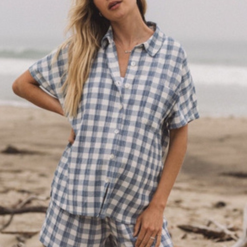 Hatch The Aubrey White Crinkle Plaid Shirt Size 0